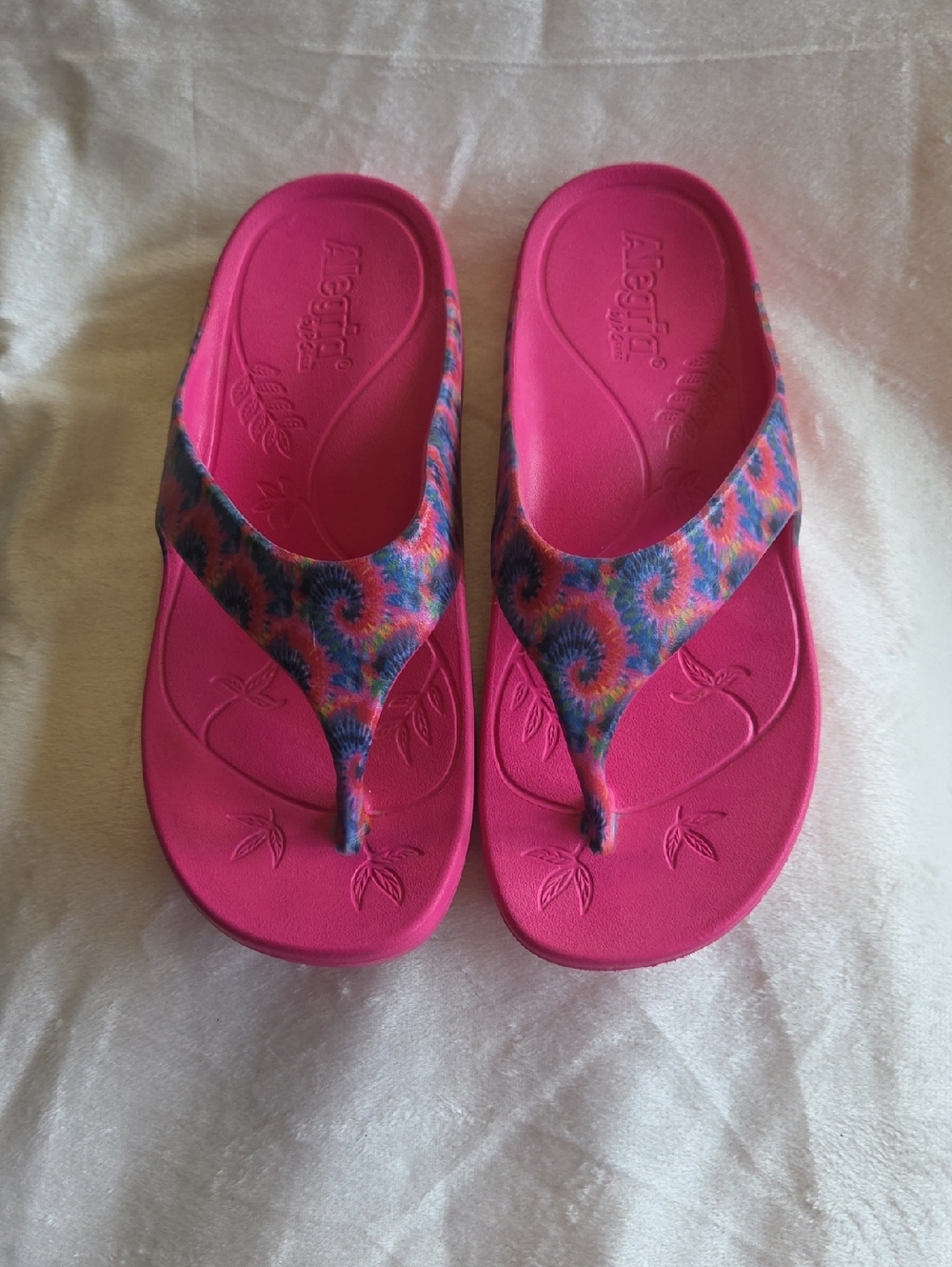 Alegria Pink Sandal Flip Flops with Multicolor Tie-Dye Straps